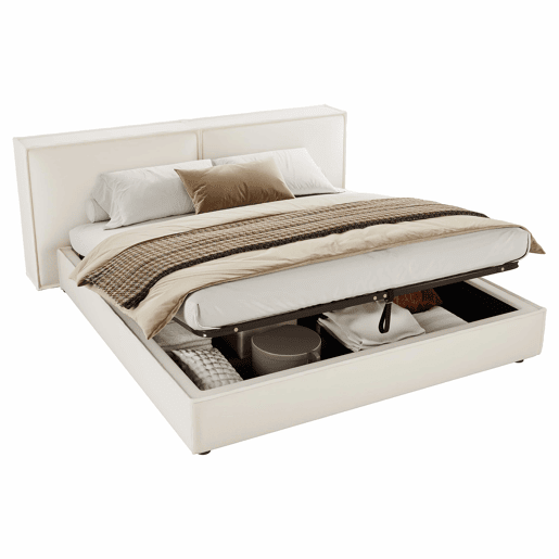 Cama estofada 180x200 cm - de casal com base hidráulica, cabeceira almofadada e estrutura funcional - branco Bouclé Cama estofada 180x200 cm - de casal com base hidráulica, cabeceira almofadada e estrutura funcional - branco Bouclé