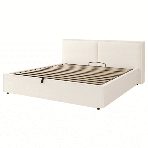 Cama estofada 180x200 cm - de casal com base hidráulica, cabeceira almofadada e estrutura funcional - branco Bouclé Cama estofada 180x200 cm - de casal com base hidráulica, cabeceira almofadada e estrutura funcional - branco Bouclé