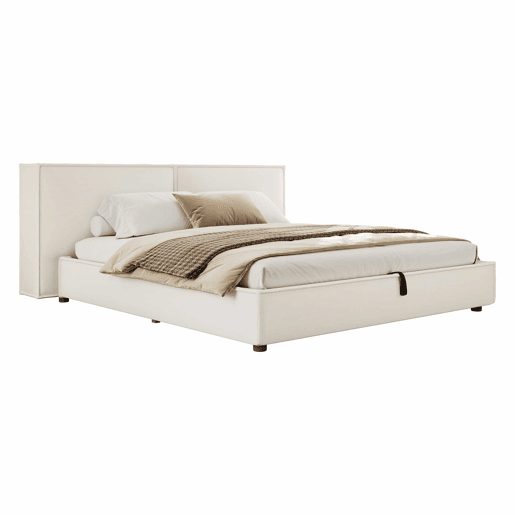 Cama estofada 180x200 cm - de casal com base hidráulica, cabeceira almofadada e estrutura funcional - branco Bouclé Cama estofada 180x200 cm - de casal com base hidráulica, cabeceira almofadada e estrutura funcional - branco Bouclé