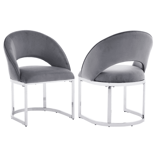 2 cadeiras de jantar - confortáveis e respiráveis, estilo moderno, pernas prateadas, estofadas a veludo - cinzento e prateado