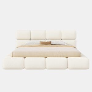 Cama estofada 200x200 cm u2013 hidráulica com espaço de arrumação, design «Bubble», cabeceira almofadada e base u2013 branco Bouclé