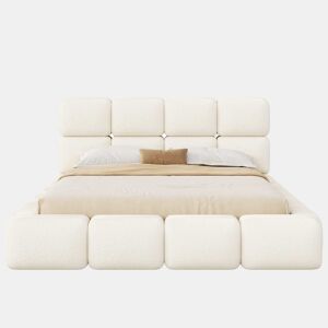 Cama estofada 180x200 cm - hidráulica com espaço de arrumação, design «Bubble», cabeceira almofadada e base - branco Bouclé