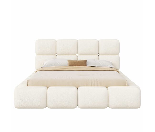 Cama tapizada 180x200 cm - hidráulica con almacenaje, diseño nube bubble, cabecero acolchado y somier - blanco bouclé
