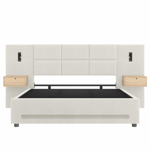 Cama estofada 160x200 cm - Cabeceira em veludo, gavetas de arrumação, luz LED, USB-C e baú hidráulico - Bege Cama estofada 160x200 cm - Cabeceira em veludo, gavetas de arrumação, luz LED, USB-C e baú hidráulico - Bege
