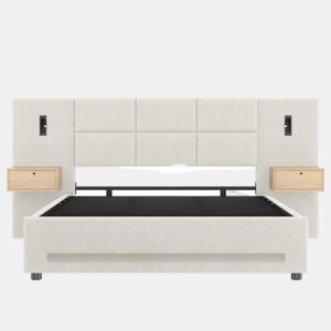 Cama estofada 160x200 cm - Cabeceira em veludo, gavetas de arrumação, luz LED, USB-C e baú hidráulico - Bege