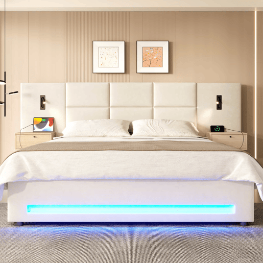 Cama estofada 160x200 cm - Cabeceira em veludo, gavetas de arrumação, luz LED, USB-C e baú hidráulico - Bege Cama estofada 160x200 cm - Cabeceira em veludo, gavetas de arrumação, luz LED, USB-C e baú hidráulico - Bege