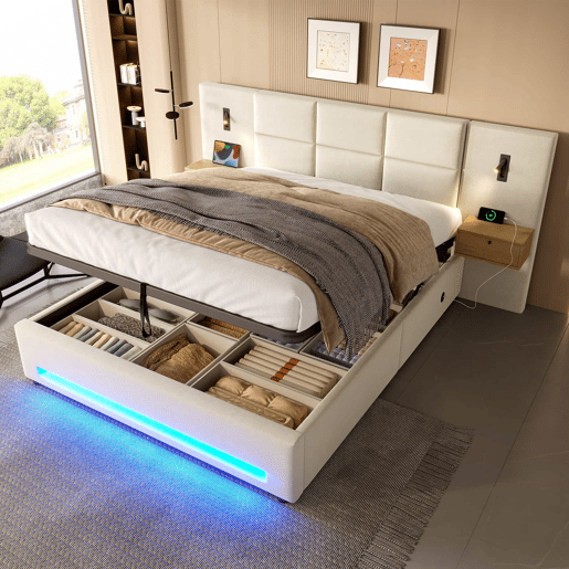 Cama estofada 160x200 cm - Cabeceira em veludo, gavetas de arrumação, luz LED, USB-C e baú hidráulico - Bege Cama estofada 160x200 cm - Cabeceira em veludo, gavetas de arrumação, luz LED, USB-C e baú hidráulico - Bege