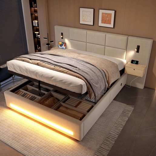 Cama estofada 160x200 cm - Cabeceira em veludo, gavetas de arrumação, luz LED, USB-C e baú hidráulico - Bege Cama estofada 160x200 cm - Cabeceira em veludo, gavetas de arrumação, luz LED, USB-C e baú hidráulico - Bege