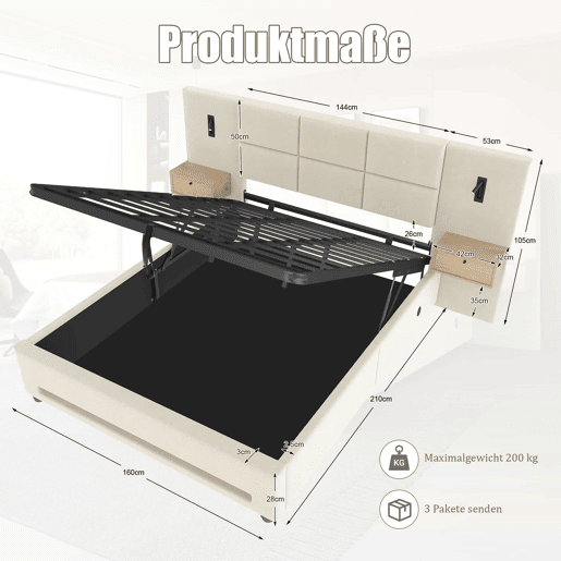 Cama estofada 160x200 cm - Cabeceira em veludo, gavetas de arrumação, luz LED, USB-C e baú hidráulico - Bege Cama estofada 160x200 cm - Cabeceira em veludo, gavetas de arrumação, luz LED, USB-C e baú hidráulico - Bege