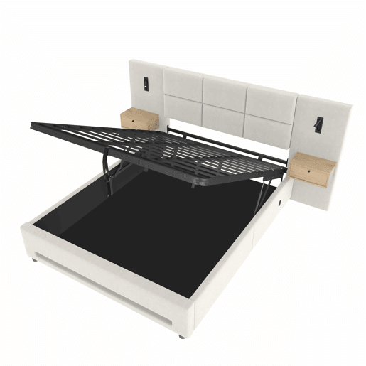 Cama estofada 160x200 cm - Cabeceira em veludo, gavetas de arrumação, luz LED, USB-C e baú hidráulico - Bege Cama estofada 160x200 cm - Cabeceira em veludo, gavetas de arrumação, luz LED, USB-C e baú hidráulico - Bege