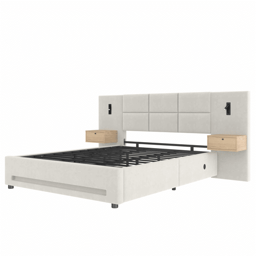 Cama estofada 160x200 cm - Cabeceira em veludo, gavetas de arrumação, luz LED, USB-C e baú hidráulico - Bege Cama estofada 160x200 cm - Cabeceira em veludo, gavetas de arrumação, luz LED, USB-C e baú hidráulico - Bege