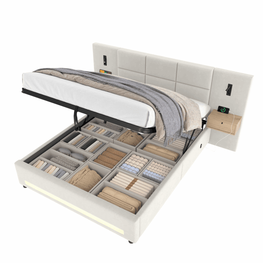 Cama estofada 160x200 cm - Cabeceira em veludo, gavetas de arrumação, luz LED, USB-C e baú hidráulico - Bege Cama estofada 160x200 cm - Cabeceira em veludo, gavetas de arrumação, luz LED, USB-C e baú hidráulico - Bege
