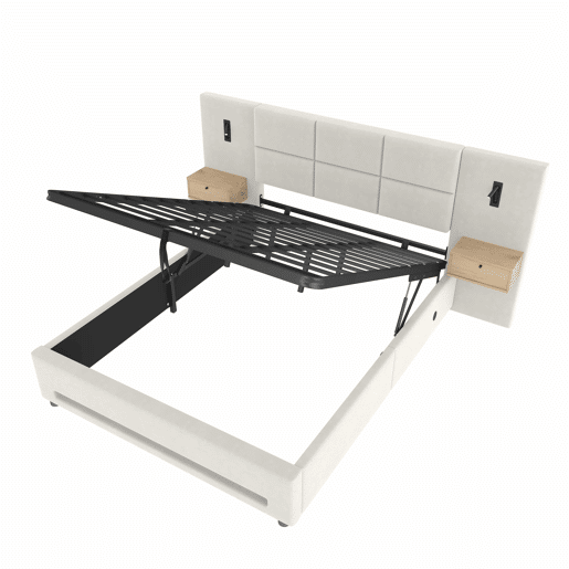 Cama estofada 160x200 cm - Cabeceira em veludo, gavetas de arrumação, luz LED, USB-C e baú hidráulico - Bege Cama estofada 160x200 cm - Cabeceira em veludo, gavetas de arrumação, luz LED, USB-C e baú hidráulico - Bege