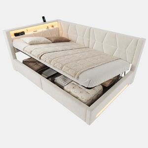 Cama estofada 140x200 cm u2013 com arrumação, LED, USB e Type-C, baú hidráulico e base de colchão u2013 Bege