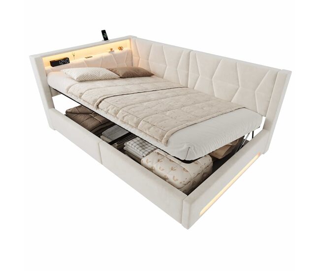 Cama tapizada 140x200 cm - con almacenaje, led, usb y type-c, arcón hidráulico y somier - beige