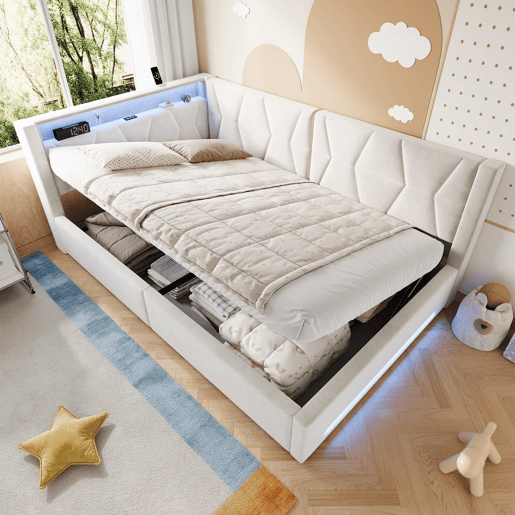 Cama estofada 140x200 cm u2013 com arrumação, LED, USB e Type-C, baú hidráulico e base de colchão u2013 Bege Cama estofada 140x200 cm u2013 com arrumação, LED, USB e Type-C, baú hidráulico e base de colchão u2013 Bege