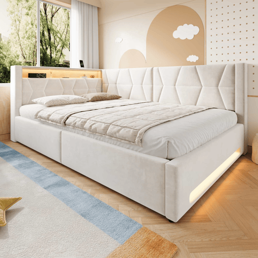 Cama estofada 140x200 cm u2013 com arrumação, LED, USB e Type-C, baú hidráulico e base de colchão u2013 Bege Cama estofada 140x200 cm u2013 com arrumação, LED, USB e Type-C, baú hidráulico e base de colchão u2013 Bege