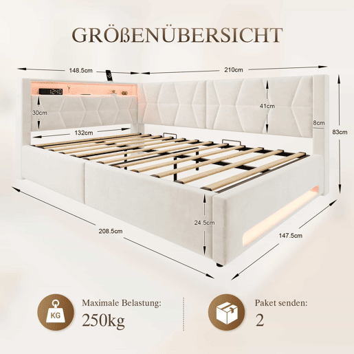 Cama estofada 140x200 cm u2013 com arrumação, LED, USB e Type-C, baú hidráulico e base de colchão u2013 Bege Cama estofada 140x200 cm u2013 com arrumação, LED, USB e Type-C, baú hidráulico e base de colchão u2013 Bege