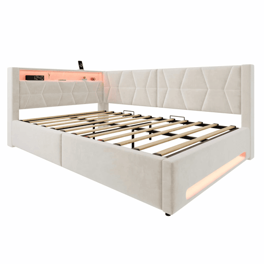 Cama estofada 140x200 cm u2013 com arrumação, LED, USB e Type-C, baú hidráulico e base de colchão u2013 Bege Cama estofada 140x200 cm u2013 com arrumação, LED, USB e Type-C, baú hidráulico e base de colchão u2013 Bege