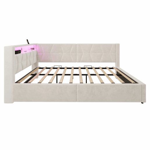 Cama estofada 140x200 cm u2013 com arrumação, LED, USB e Type-C, baú hidráulico e base de colchão u2013 Bege Cama estofada 140x200 cm u2013 com arrumação, LED, USB e Type-C, baú hidráulico e base de colchão u2013 Bege