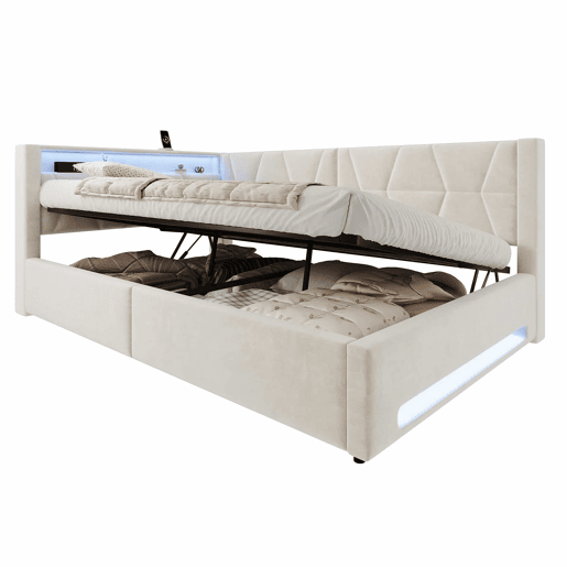 Cama estofada 140x200 cm u2013 com arrumação, LED, USB e Type-C, baú hidráulico e base de colchão u2013 Bege Cama estofada 140x200 cm u2013 com arrumação, LED, USB e Type-C, baú hidráulico e base de colchão u2013 Bege