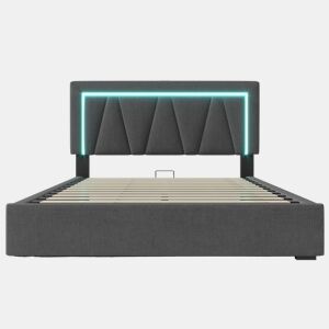 Cama estofada 160x200 - LED, USB Tipo C, espaço de arrumação, com base de colchão - Cinza