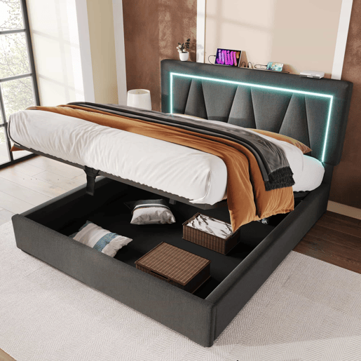 Cama estofada 160x200 - LED, USB Tipo C, espaço de arrumação, com base de colchão - Cinza Cama estofada 160x200 - LED, USB Tipo C, espaço de arrumação, com base de colchão - Cinza