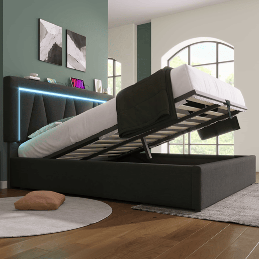 Cama estofada 160x200 - LED, USB Tipo C, espaço de arrumação, com base de colchão - Cinza Cama estofada 160x200 - LED, USB Tipo C, espaço de arrumação, com base de colchão - Cinza