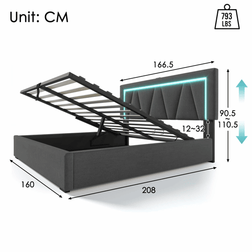 Cama estofada 160x200 - LED, USB Tipo C, espaço de arrumação, com base de colchão - Cinza Cama estofada 160x200 - LED, USB Tipo C, espaço de arrumação, com base de colchão - Cinza