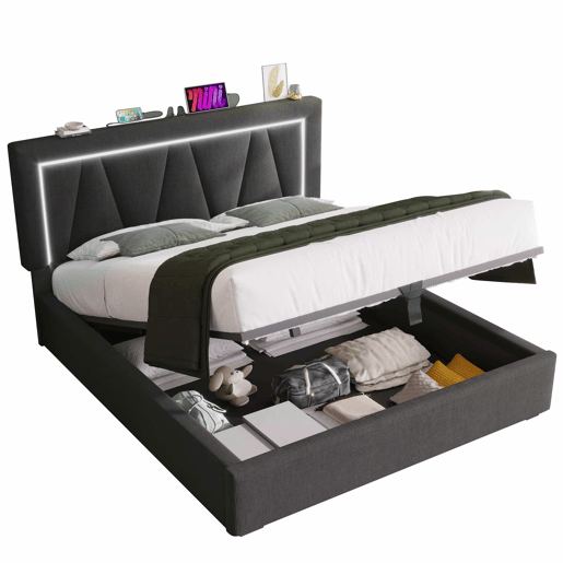 Cama estofada 160x200 - LED, USB Tipo C, espaço de arrumação, com base de colchão - Cinza Cama estofada 160x200 - LED, USB Tipo C, espaço de arrumação, com base de colchão - Cinza