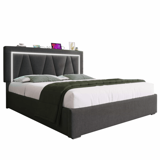 Cama estofada 160x200 - LED, USB Tipo C, espaço de arrumação, com base de colchão - Cinza Cama estofada 160x200 - LED, USB Tipo C, espaço de arrumação, com base de colchão - Cinza