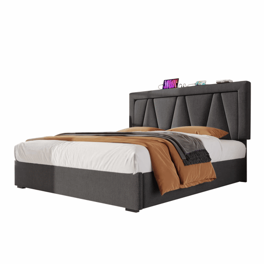 Cama estofada 160x200 - LED, USB Tipo C, espaço de arrumação, com base de colchão - Cinza Cama estofada 160x200 - LED, USB Tipo C, espaço de arrumação, com base de colchão - Cinza