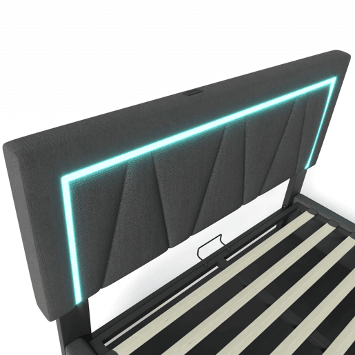 Cama estofada 160x200 - LED, USB Tipo C, espaço de arrumação, com base de colchão - Cinza Cama estofada 160x200 - LED, USB Tipo C, espaço de arrumação, com base de colchão - Cinza