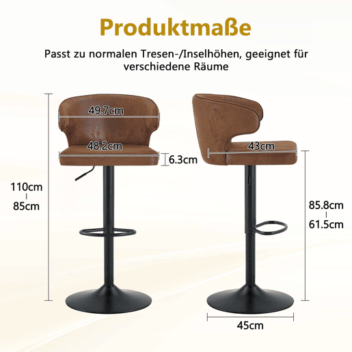 Bancos de bar 49,7 x 45 x 110 cm - Altura ajustável, giratório a 360°, com encosto e apoio para os pés - Castanho