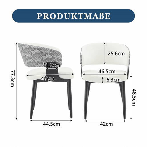 Cadeiras de jantar (2 unidades) u2013 estilo Mid-Century moderno, cadeiras retro com braços curvos e encosto estampado em pele sintética u2013 Branco + Preto Cadeiras de jantar (2 unidades) u2013 estilo Mid-Century moderno, cadeiras retro com braços curvos e encosto estampado em pele sintética u2013 Branco + Preto