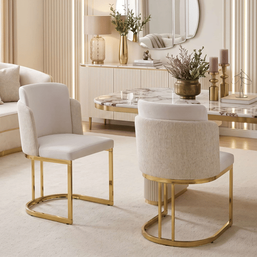 2 cadeiras de jantar - Design moderno, estofo respirável em chenille e pernas galvanizadas douradas - Bege + Dourado 2 cadeiras de jantar - Design moderno, estofo respirável em chenille e pernas galvanizadas douradas - Bege + Dourado