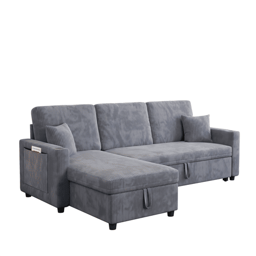 Sofá-cama de canto L de 3 lugares - modular com chaise longue, função de cama e arrumação - cinzento