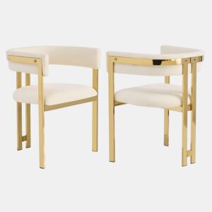 2 cadeiras de jantar u2014 modernas, estofadas em chenille, com pernas douradas galvanizadas, confortáveis e respiráveis u2014 bege e dourado