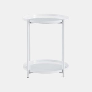 Mesa auxiliar redonda 42x42x52 cm - 2 níveis, estrutura metálica, com prateleira de arrumação, estilo escandinavo moderno - Branco