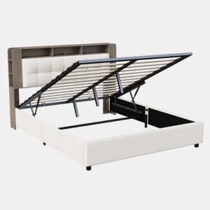 Cama Estofada 160x200 cm Bege em Veludo com Arrumação Hidráulica, Carregamento Sem Fios, LED e Cabeceira com Prateleiras