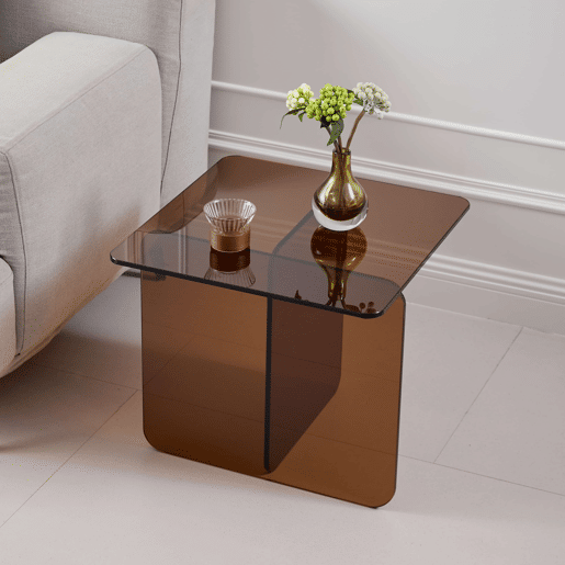 Mesa auxiliar de vidro de 45 cm - Vidro temperado curvo transparente, mesa de sofá - Castanho Mesa auxiliar de vidro de 45 cm - Vidro temperado curvo transparente, mesa de sofá - Castanho