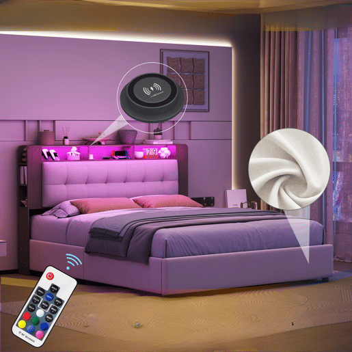 Cama Estofada 140x200 cm Bege em Veludo com Arrumação Hidráulica, Carregamento Sem Fios, LED e Cabeceira com Prateleiras Cama Estofada 140x200 cm Bege em Veludo com Arrumação Hidráulica, Carregamento Sem Fios, LED e Cabeceira com Prateleiras