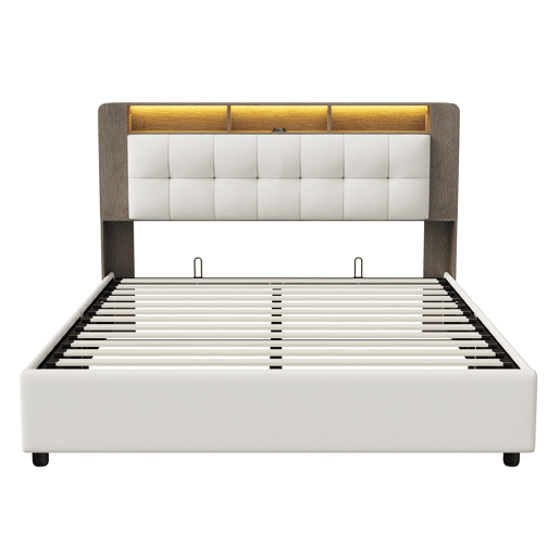 Cama Estofada 140x200 cm Bege em Veludo com Arrumação Hidráulica, Carregamento Sem Fios, LED e Cabeceira com Prateleiras Cama Estofada 140x200 cm Bege em Veludo com Arrumação Hidráulica, Carregamento Sem Fios, LED e Cabeceira com Prateleiras