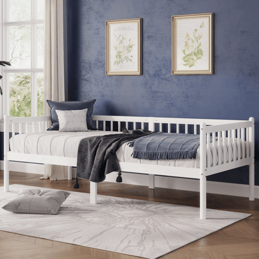 Cama embutida 90x200 cm - madeira de pinho com grades em 3 lados e 14 ripas de suporte - branco Cama embutida 90x200 cm - madeira de pinho com grades em 3 lados e 14 ripas de suporte - branco