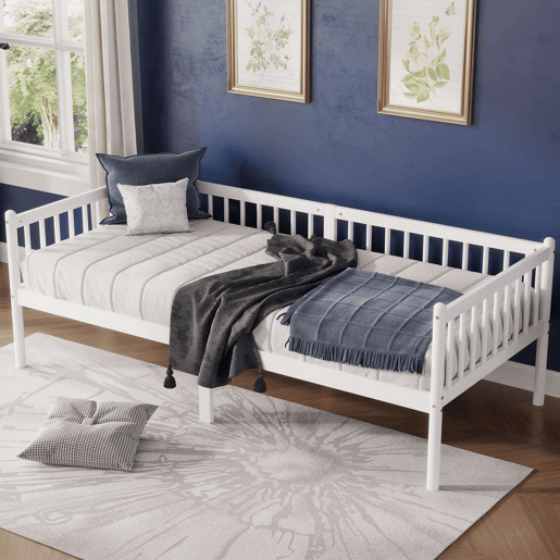 Cama embutida 90x200 cm - madeira de pinho com grades em 3 lados e 14 ripas de suporte - branco Cama embutida 90x200 cm - madeira de pinho com grades em 3 lados e 14 ripas de suporte - branco