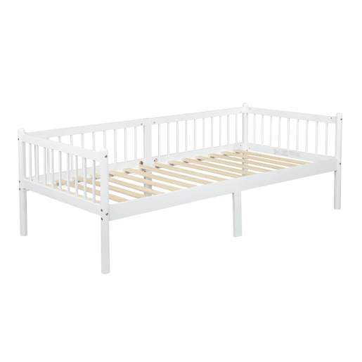 Cama embutida 90x200 cm - madeira de pinho com grades em 3 lados e 14 ripas de suporte - branco Cama embutida 90x200 cm - madeira de pinho com grades em 3 lados e 14 ripas de suporte - branco