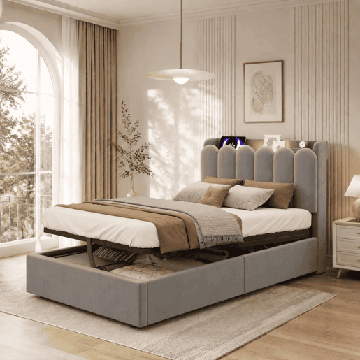 Cama individual 90 x 200 cm u2014 estofada com arrumação hidráulica, cabeceira almofadada, USB, Type-C e candeeiro de leitura u2014 cinzenta Cama individual 90 x 200 cm u2014 estofada com arrumação hidráulica, cabeceira almofadada, USB, Type-C e candeeiro de leitura u2014 cinzenta