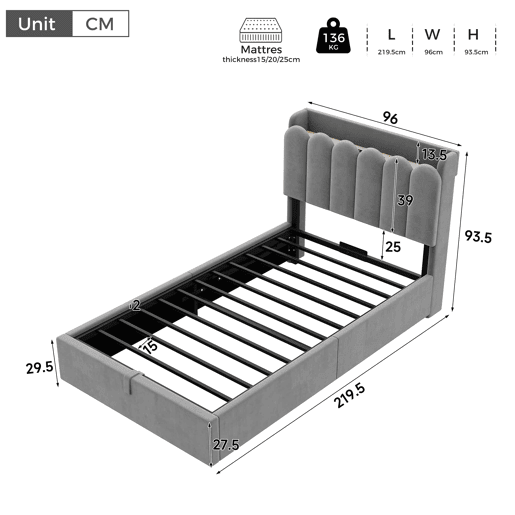 Cama individual 90 x 200 cm u2014 estofada com arrumação hidráulica, cabeceira almofadada, USB, Type-C e candeeiro de leitura u2014 cinzenta Cama individual 90 x 200 cm u2014 estofada com arrumação hidráulica, cabeceira almofadada, USB, Type-C e candeeiro de leitura u2014 cinzenta