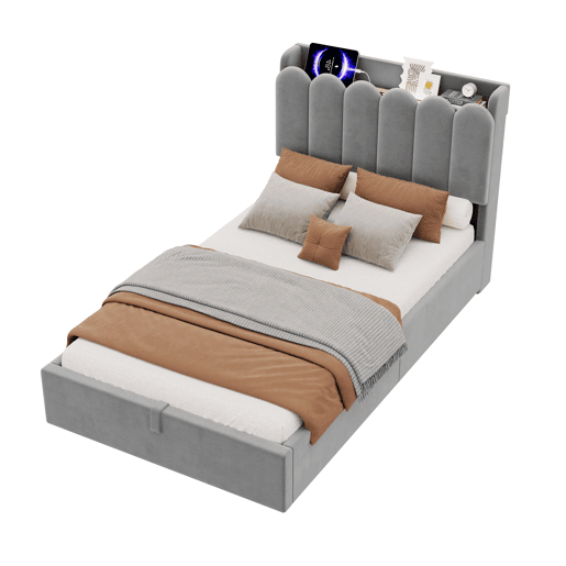 Cama individual 90 x 200 cm u2014 estofada com arrumação hidráulica, cabeceira almofadada, USB, Type-C e candeeiro de leitura u2014 cinzenta Cama individual 90 x 200 cm u2014 estofada com arrumação hidráulica, cabeceira almofadada, USB, Type-C e candeeiro de leitura u2014 cinzenta