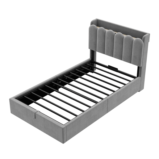 Cama individual 90 x 200 cm u2014 estofada com arrumação hidráulica, cabeceira almofadada, USB, Type-C e candeeiro de leitura u2014 cinzenta Cama individual 90 x 200 cm u2014 estofada com arrumação hidráulica, cabeceira almofadada, USB, Type-C e candeeiro de leitura u2014 cinzenta